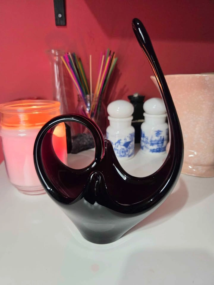 Vintage MCM Dark Purple/Black Abstract Glass Basket - photo 4