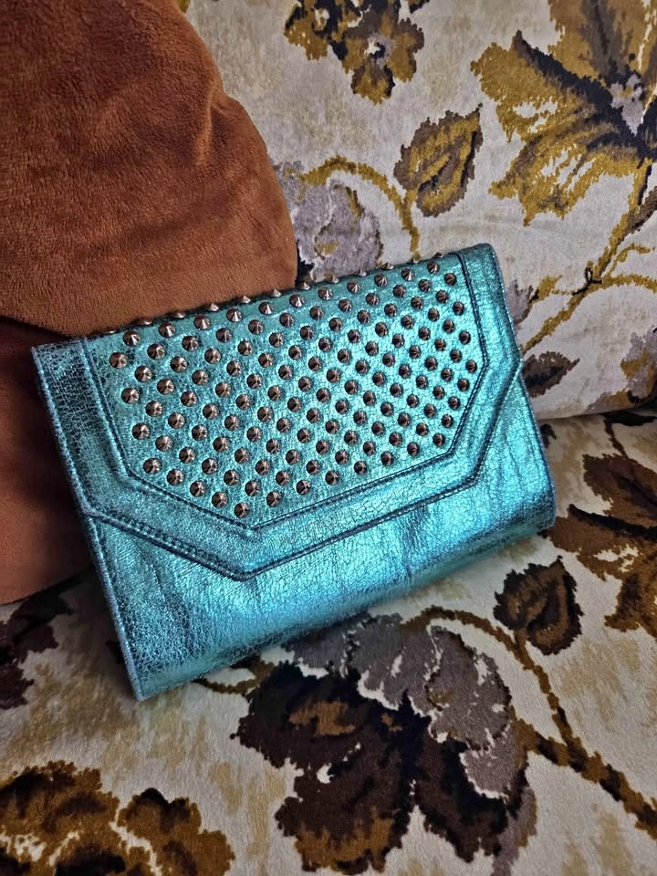 Vintage Y2K Shiny Teal Studded Clutch