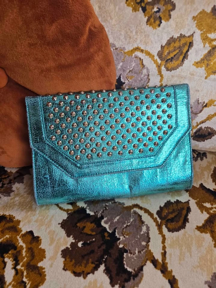 Vintage Y2K Shiny Teal Studded Clutch - photo 2