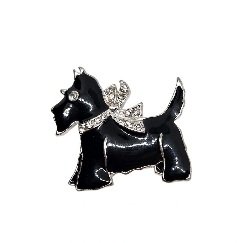 Vintage 70s Scottie Dog Brooch (Black Enamel & Rhinestone)