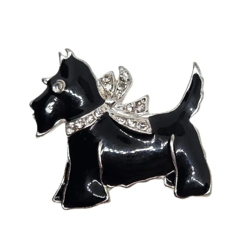 Vintage 70s Scottie Dog Brooch (Black Enamel & Rhinestone) - photo 2