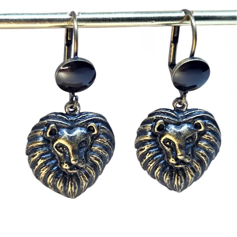 Vintage Lion Jacket Earrings (Bronze/Pewter Tone)