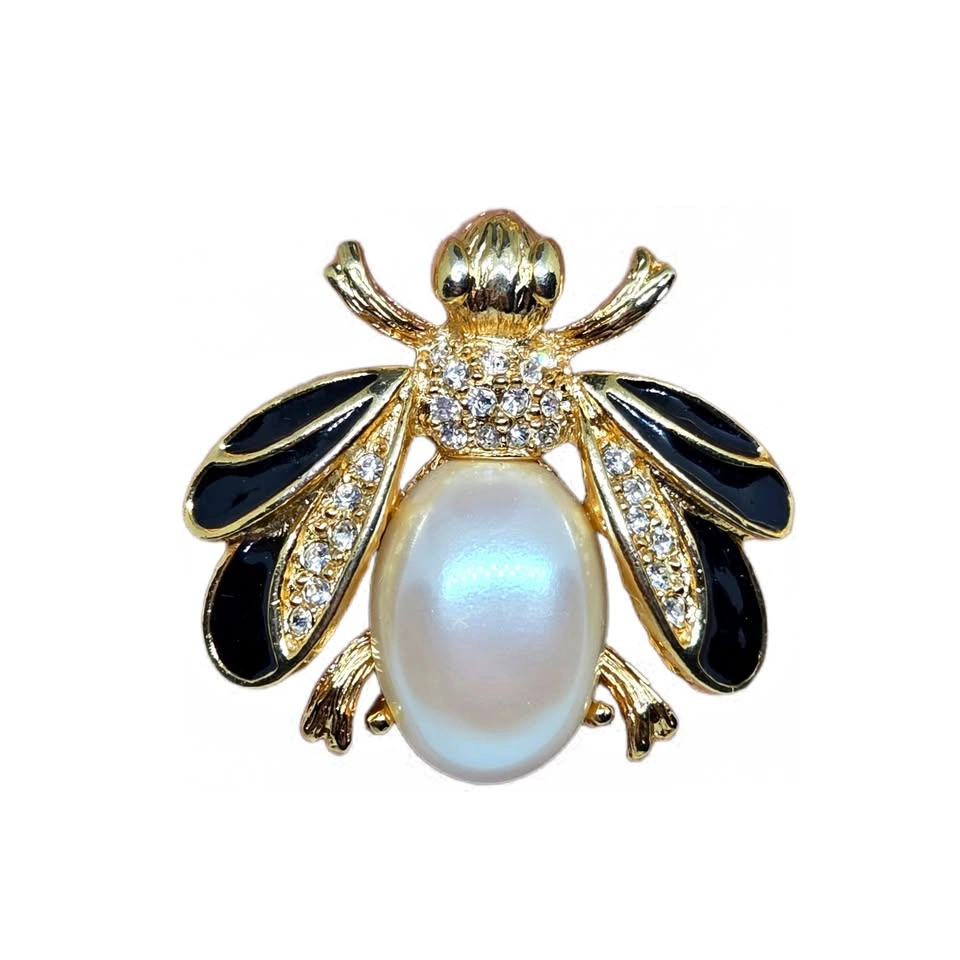 Vintage Bee Gold & Pearl Brooch with Black Enamel Wings