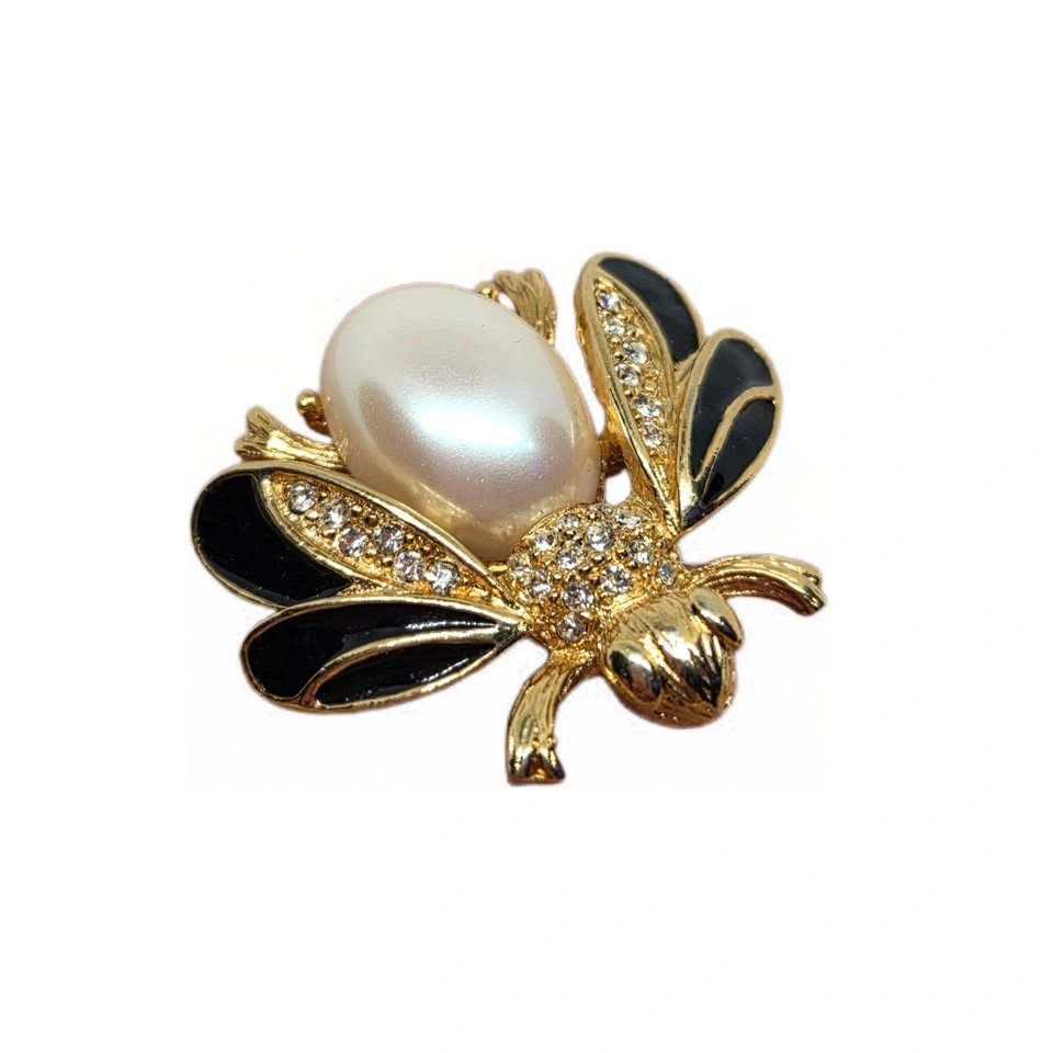 Vintage Bee Gold & Pearl Brooch with Black Enamel Wings - photo 2