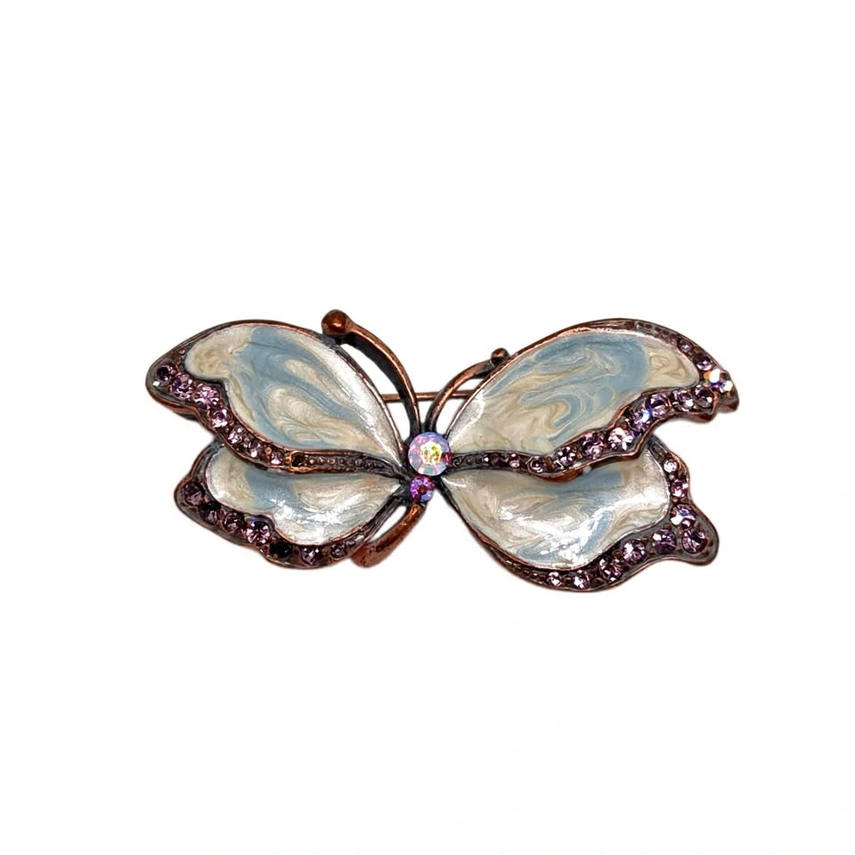 Vintage Copper Butterfly Wing Crystal Brooch in Iridescent White