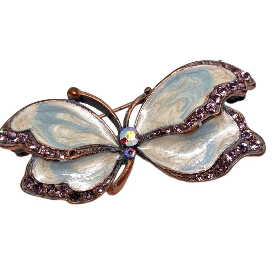 Vintage Copper Butterfly Wing Crystal Brooch in Iridescent White - photo 2