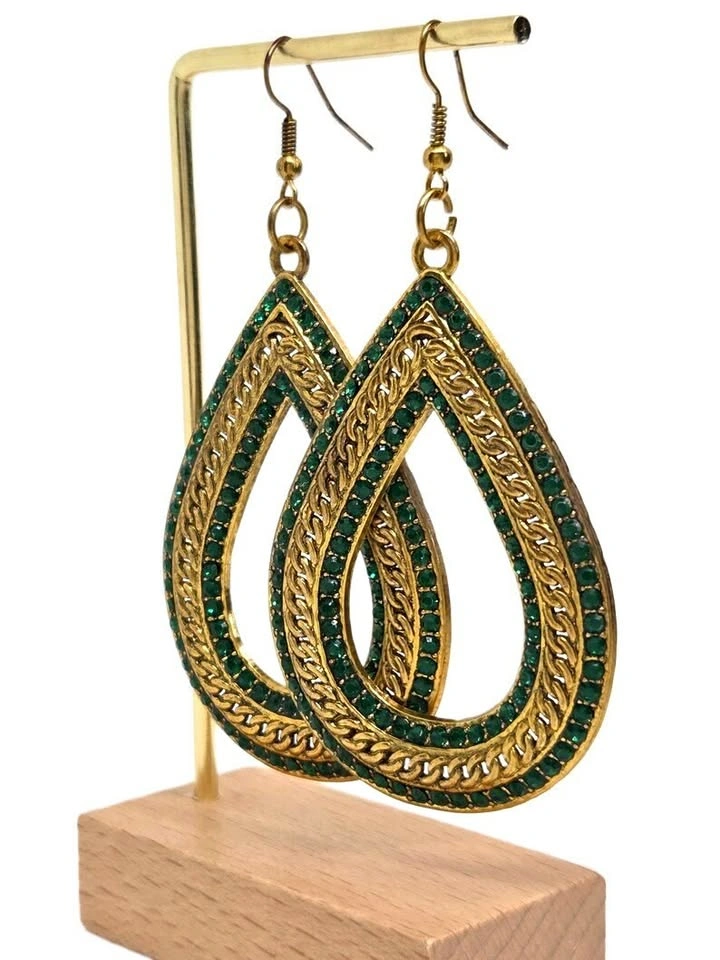 Vintage Giant Gold & Green Crystal Dangle Earrings