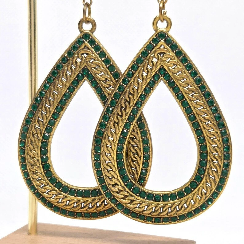 Vintage Giant Gold & Green Crystal Dangle Earrings - photo 4