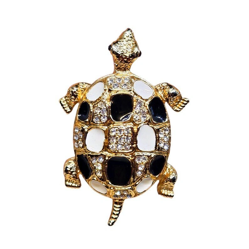 Vintage 70s Tortoise/Turtle Gold & Crystal Brooch - 2.5 inch