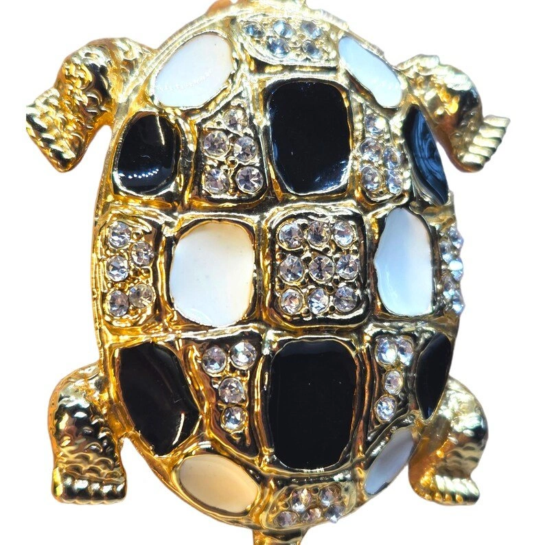 Vintage 70s Tortoise/Turtle Gold & Crystal Brooch - 2.5 inch - photo 2
