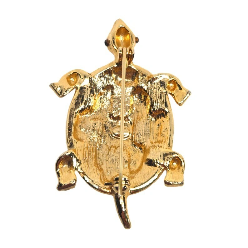Vintage 70s Tortoise/Turtle Gold & Crystal Brooch - 2.5 inch - photo 3