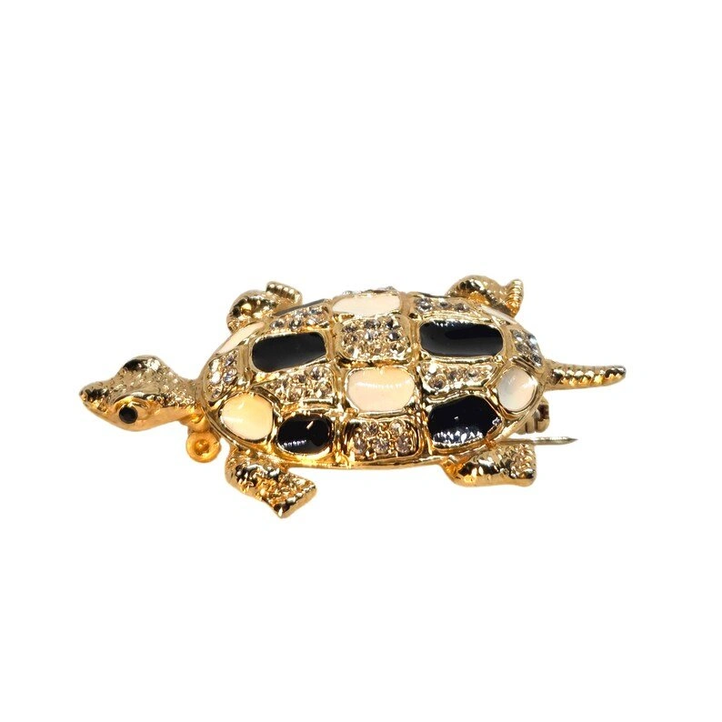 Vintage 70s Tortoise/Turtle Gold & Crystal Brooch - 2.5 inch - photo 4