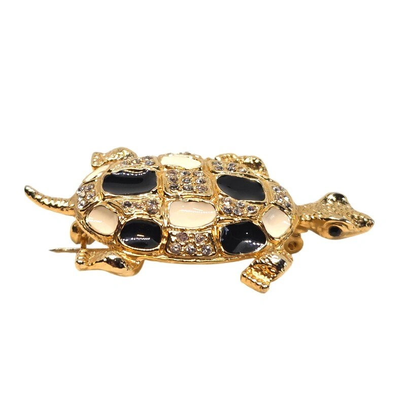 Vintage 70s Tortoise/Turtle Gold & Crystal Brooch - 2.5 inch - photo 5