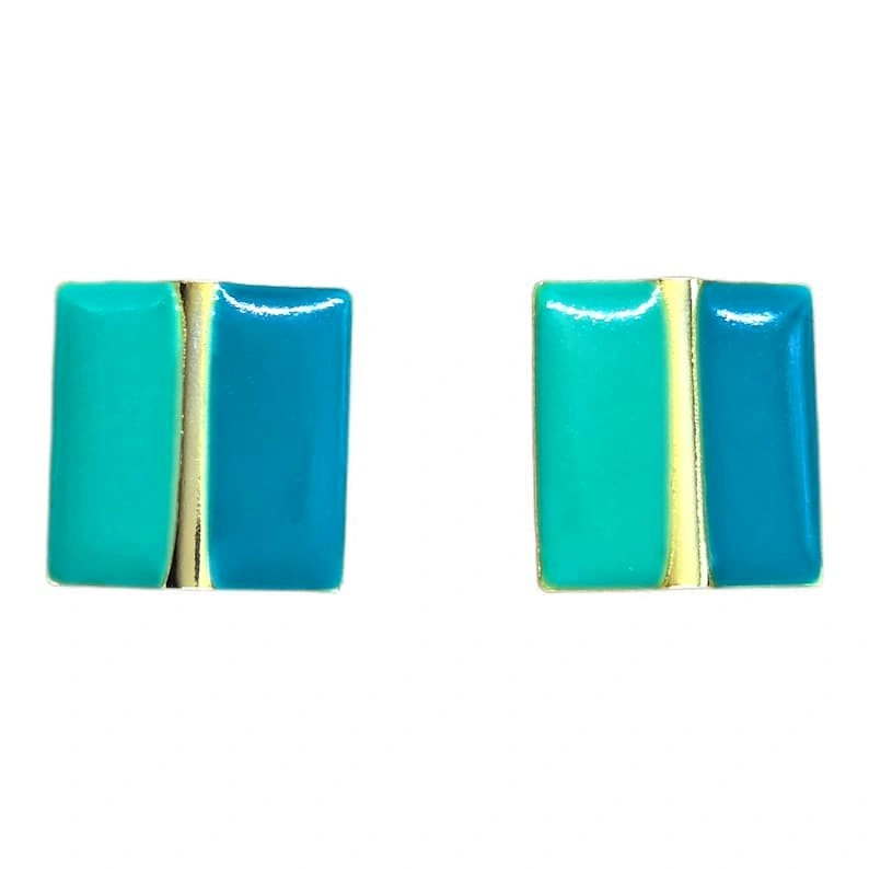 Vintage 60s Blue, Teal & Gold Square Stud Earrings