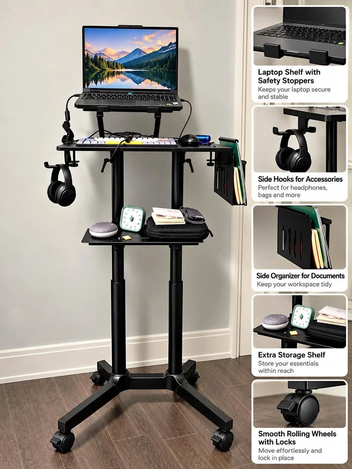 Mobile Standing Desk with Laptop Shelf and Storage