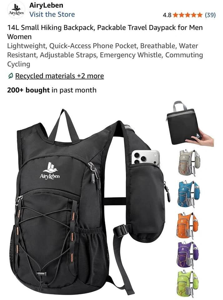 14L Small Hiking Backpack, Packable Travel Daypack