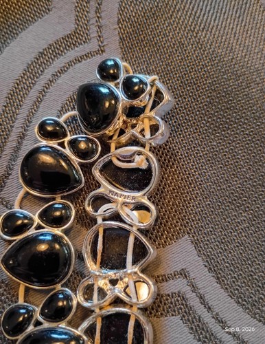 Napier Signed Silver Tone Link Bracelet Black Onyx Cabochon - photo 2
