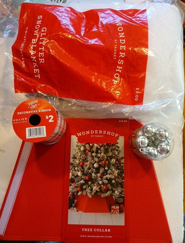 Lot Of 4 Christmas, Glitter Snow Blanket, Tree Collar, Ribbon An
