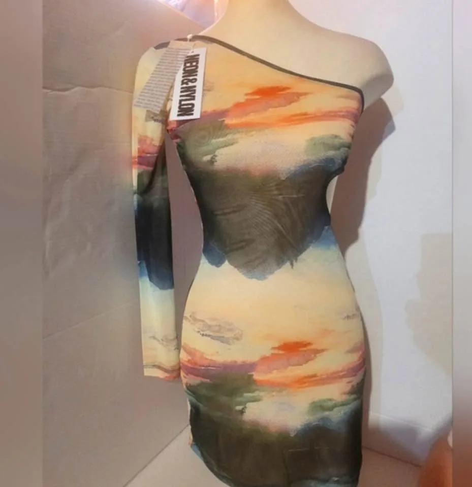 ONLY Multicolor Neon One Shoulder Dress Size Small image indicator(2)