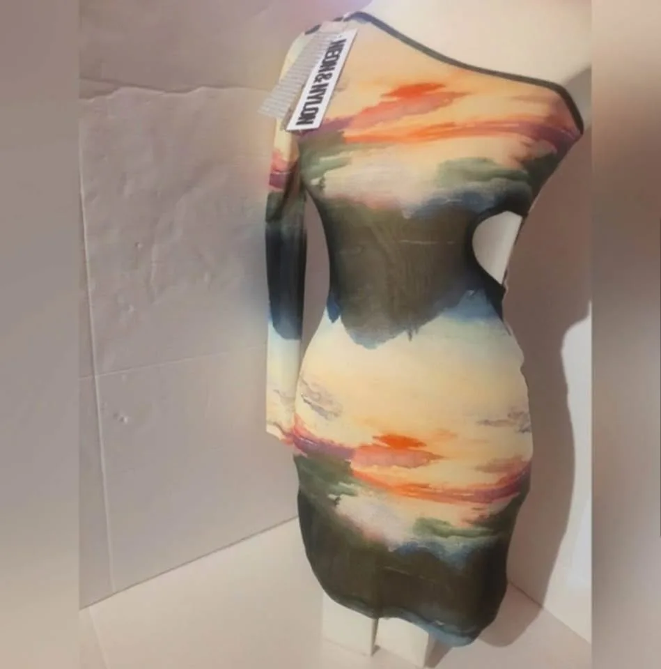 ONLY Multicolor Neon One Shoulder Dress Size Small image indicator(4)