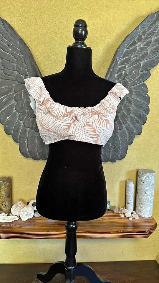 Roxy Ruffled White and brown swim Top