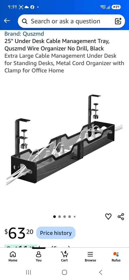 25" Under Desk Cable Management Tray, Quszmd Wire Organizer