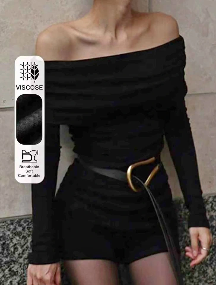 Black Off-Shoulder Long Sleeve Top – Size M