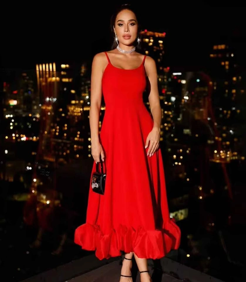 Red Ruffle Hem Cami Midi Dress – Size M - photo 2
