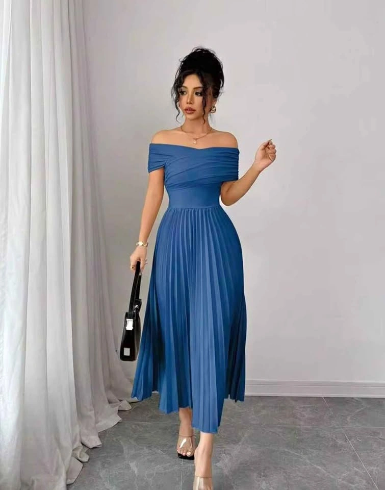 Blue Off-Shoulder Pleated Maxi Dress - Size M