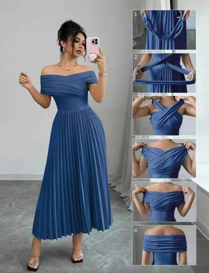 Blue Off-Shoulder Pleated Maxi Dress - Size M - photo 2