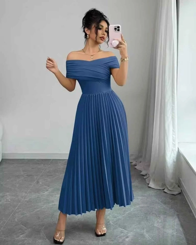 Blue Off-Shoulder Pleated Maxi Dress - Size M - photo 4