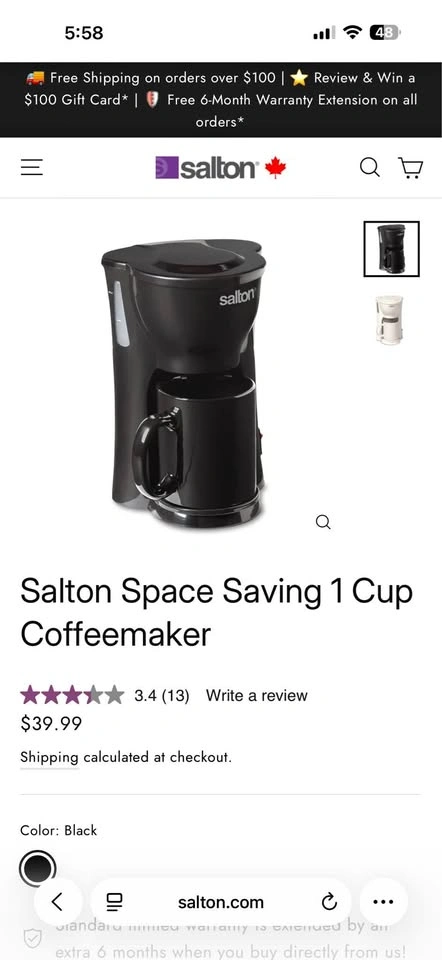 Salton Space Saving 1 Cup Coffeemaker