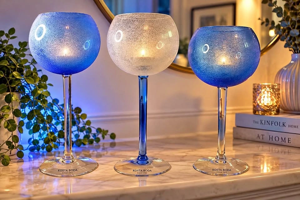 Kosta Boda Glass Candle Holders – Set of 3 – Blue & Clear