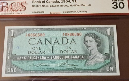 1954 Bank Of Canada $1, 3-Digit Radar Note, YF 0866680, BCS VF 3
