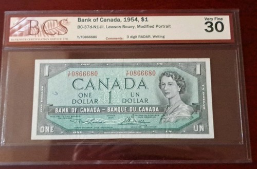 1954 Bank Of Canada $1, 3-Digit Radar Note, YF 0866680, BCS VF 3 - photo 3