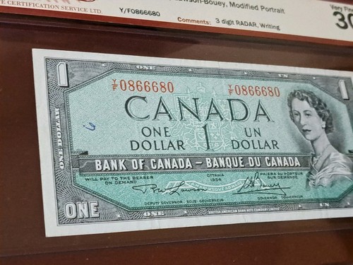 1954 Bank Of Canada $1, 3-Digit Radar Note, YF 0866680, BCS VF 3 - photo 4