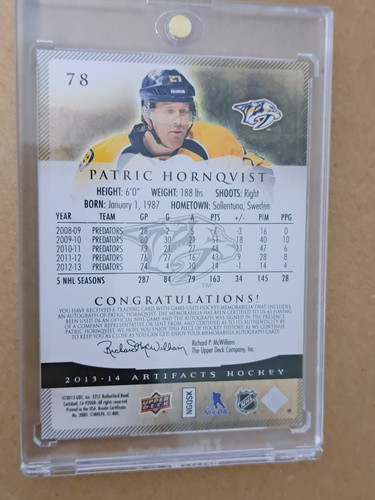 2013-14 Upper Deck Artifacts Patrick Hornqvist Card - photo 4