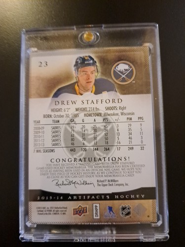 2013-14 Upper Deck Artifacts Drew Stafford Gold Game Worn Card - photo 5