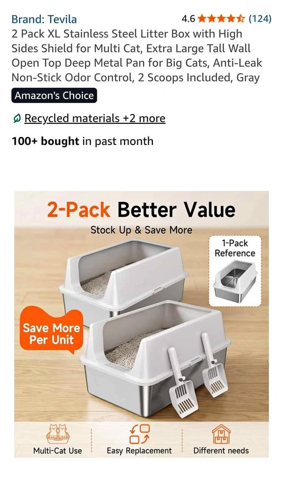 Tevila 2 Pack XL Stainless Steel Litter Box with High Sides