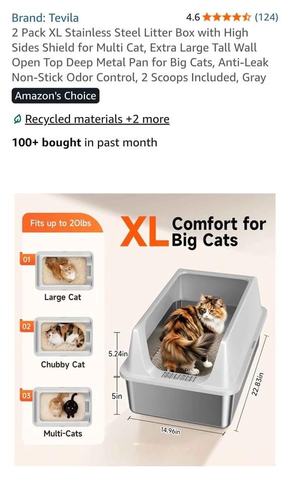 Tevila 2 Pack XL Stainless Steel Litter Box with High Sides - photo 2
