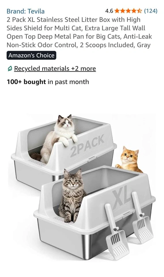 Tevila 2 Pack XL Stainless Steel Litter Box with High Sides - photo 3