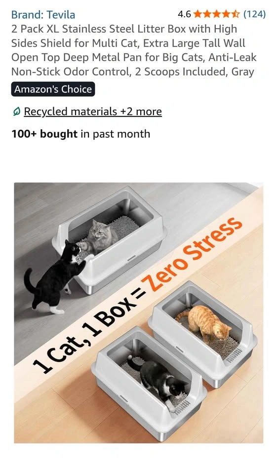 Tevila 2 Pack XL Stainless Steel Litter Box with High Sides - photo 4