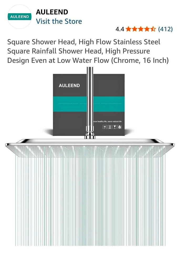 AULEEND 16-Inch Stainless Steel Square Rainfall Shower Head