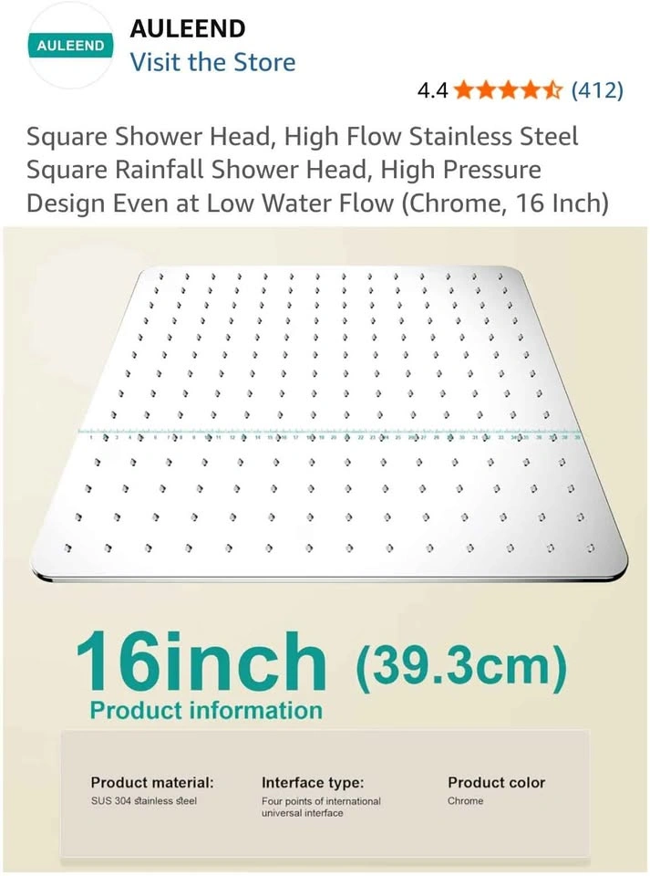 AULEEND 16-Inch Stainless Steel Square Rainfall Shower Head - photo 2