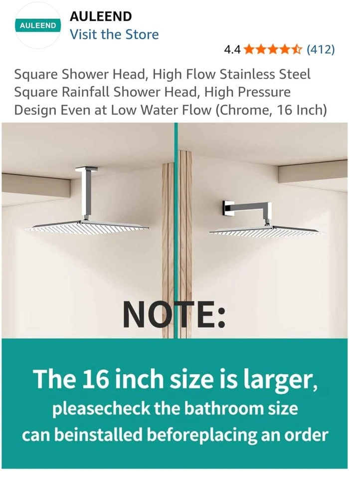 AULEEND 16-Inch Stainless Steel Square Rainfall Shower Head - photo 3