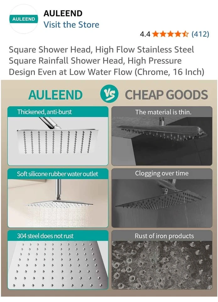 AULEEND 16-Inch Stainless Steel Square Rainfall Shower Head - photo 4
