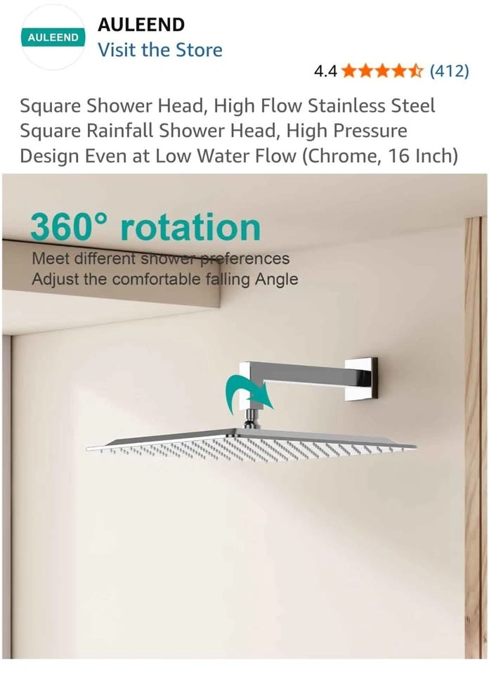 AULEEND 16-Inch Stainless Steel Square Rainfall Shower Head - photo 5