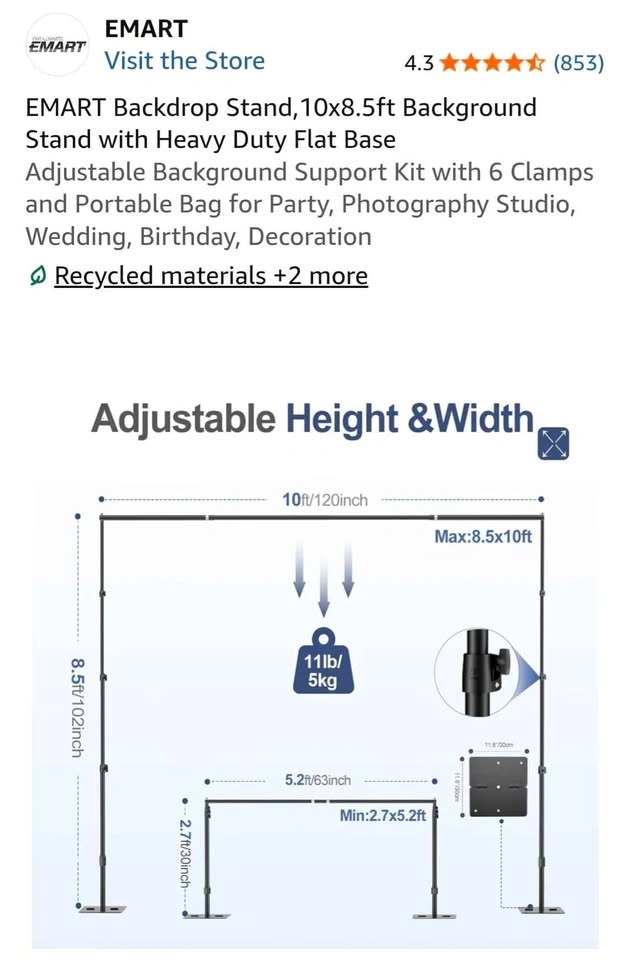 EMART Backdrop Stand, 10x8.5ft Adjustable Background Support Kit - photo 3