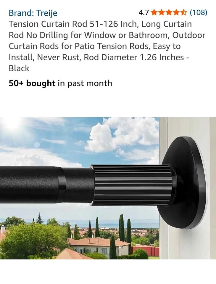 Treije Tension Curtain Rod 51-126 Inch - Black