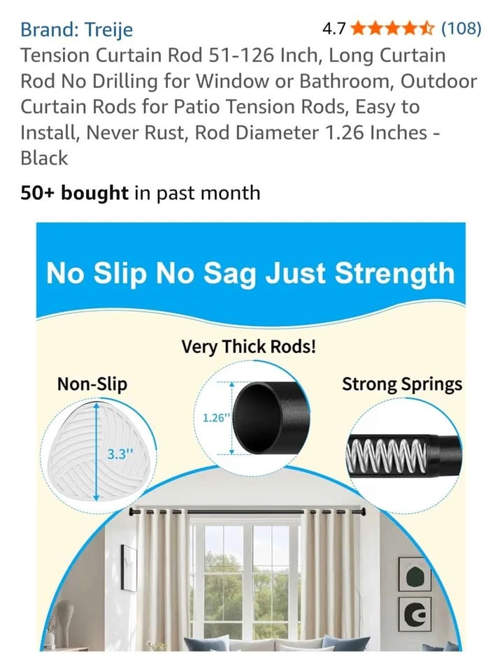Treije Tension Curtain Rod 51-126 Inch - Black - photo 3